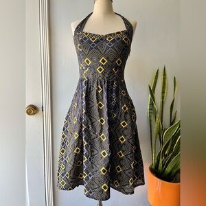 Anthropologie/edmé & esyllte• Retro Navy & Gold Halter Dress•Size 6